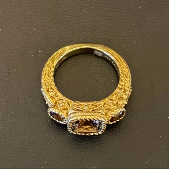 Judith Ripka Estate-Inspired 3 Stone Smoky Quartz Ring, 14K Gold-Clad, size 7